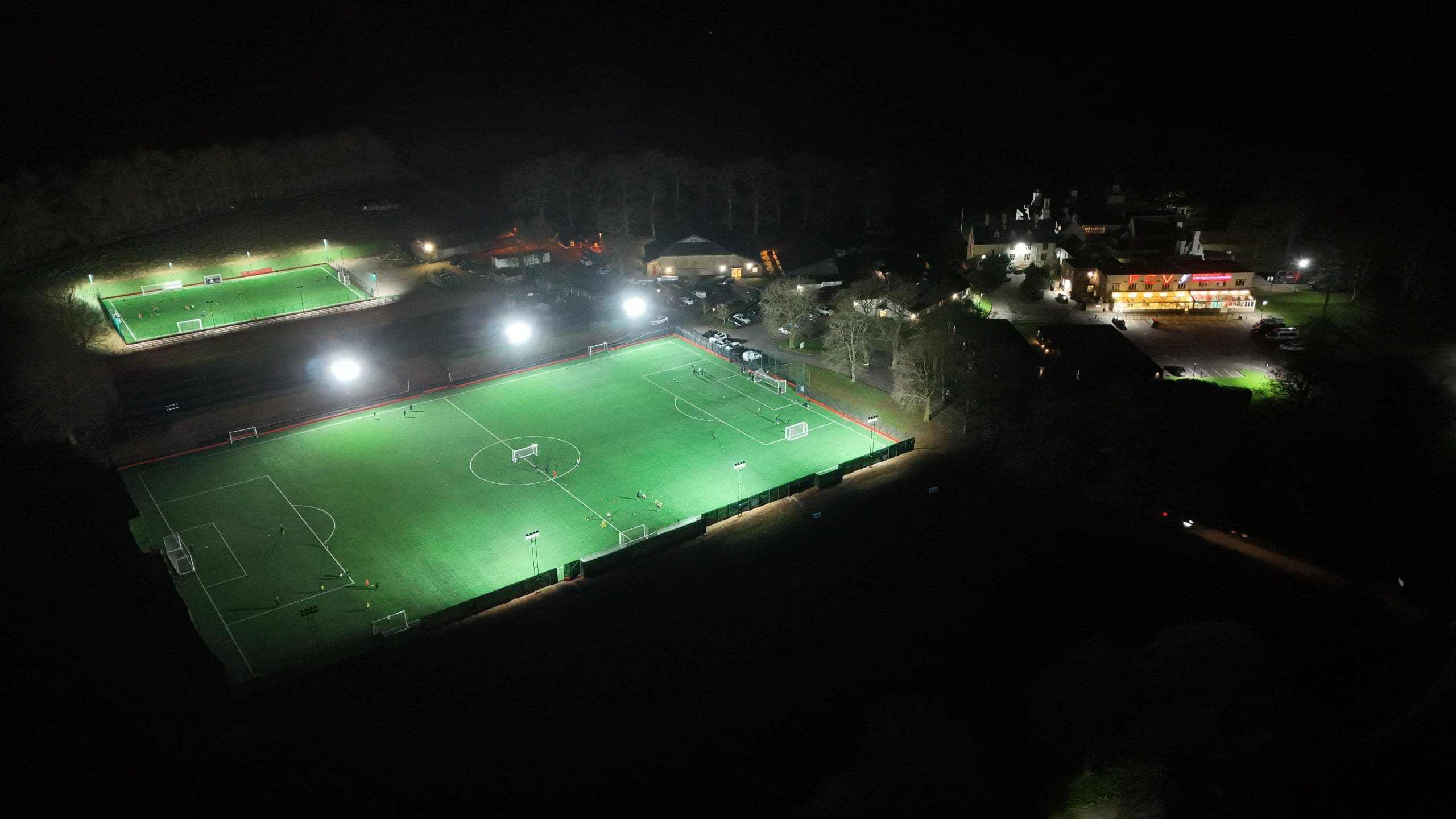 Drone footage of Grace Dieu Manor Park at night