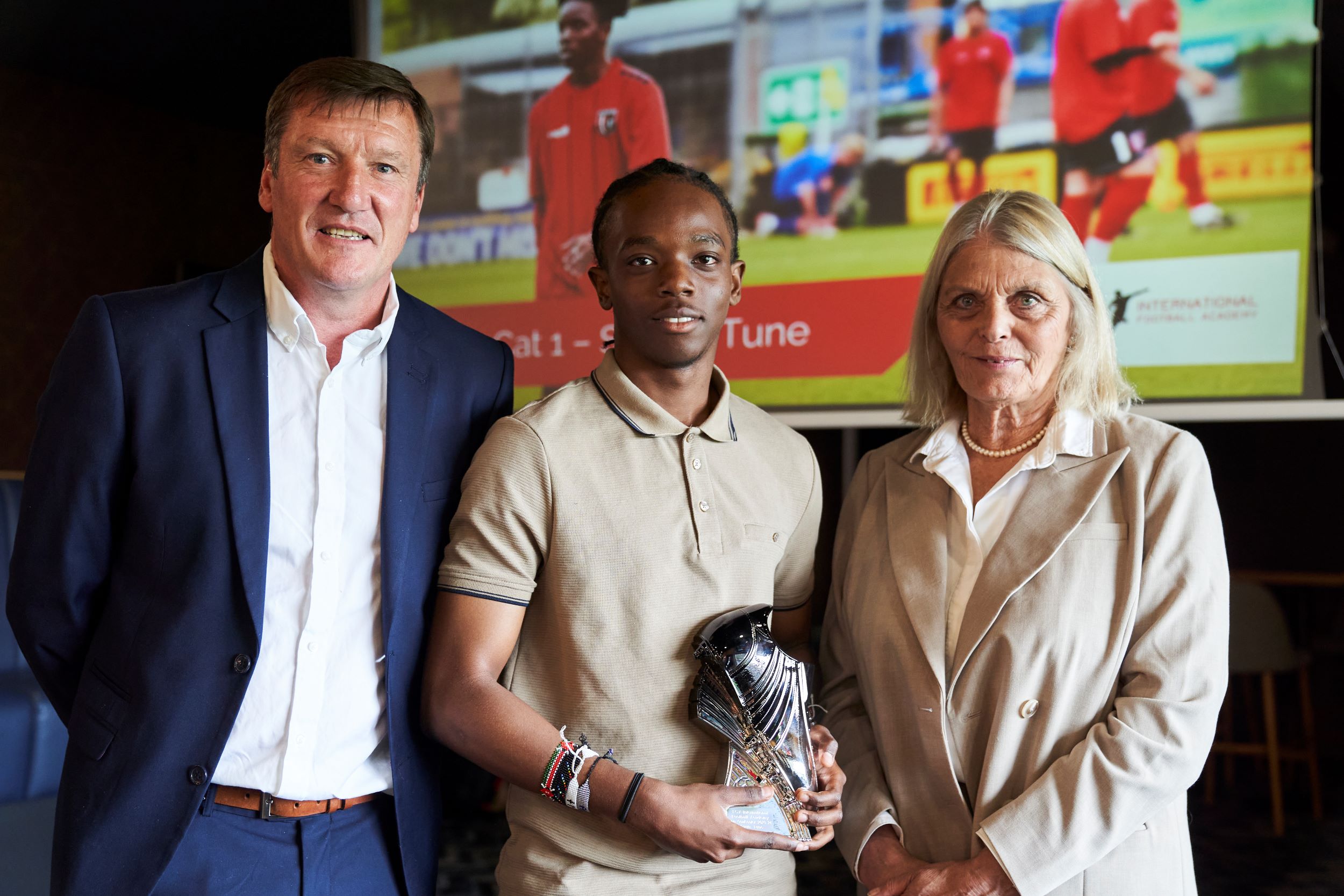 FCV's Top Goalscorer receiving his award, alongside CEO Ann Dyte and Head of Football Grant Brown.